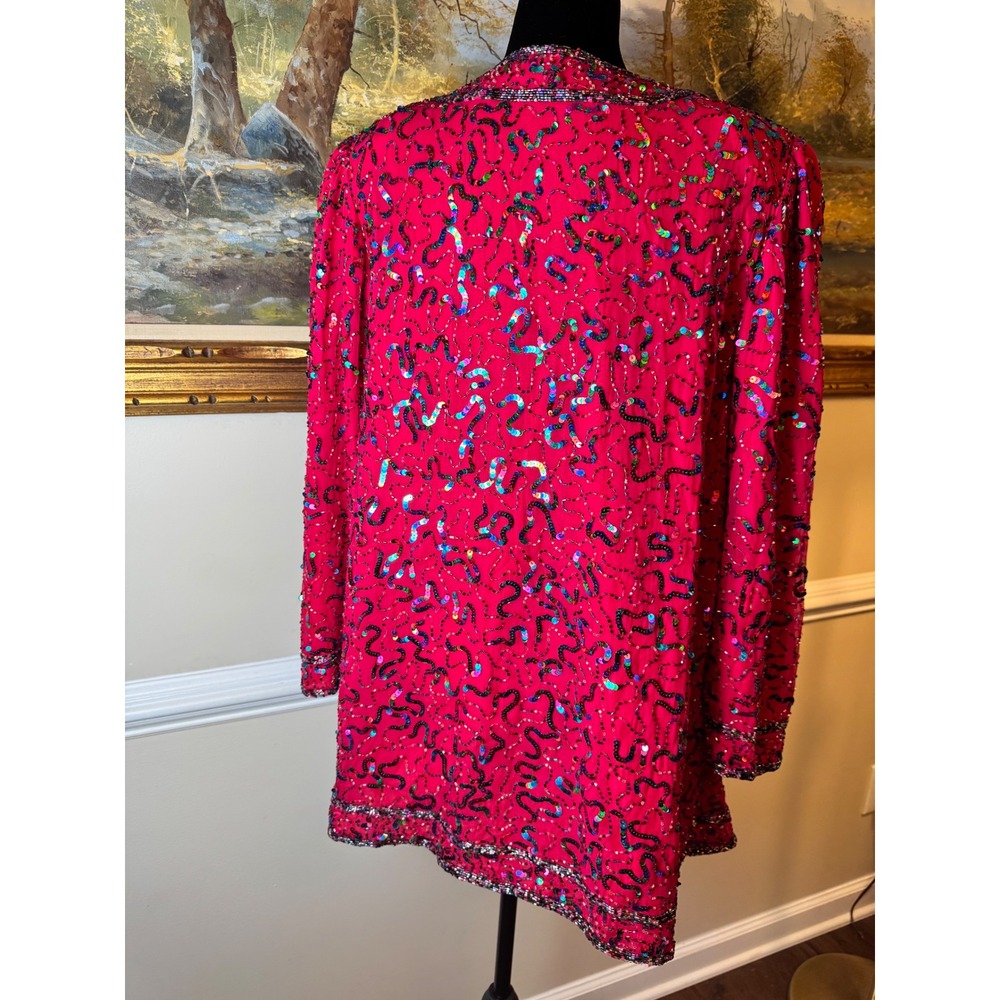 Vintage Pure Silk Beaded Sequin Evening Jacket Res Magenta Size S Gala Party - Picture 3 of 7